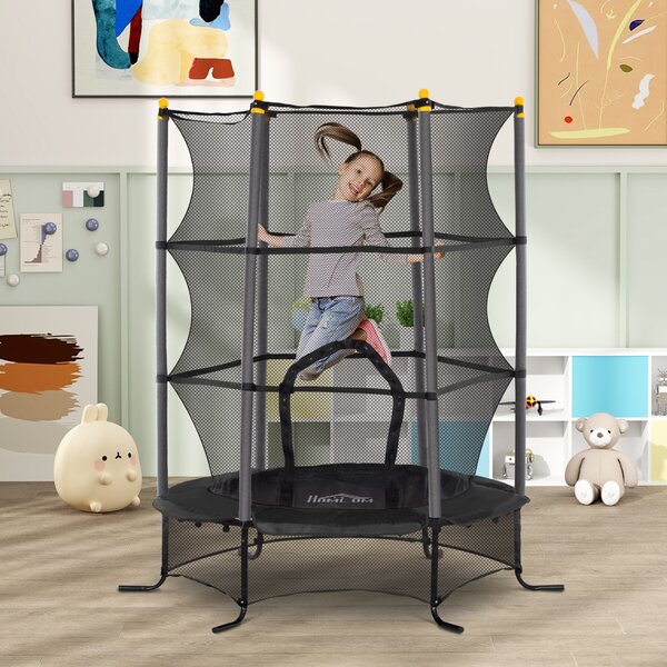 HOMCOM Trampolino Elastico per Bambini Ø1.6x1.9 m con Rete di Sicurezza e Pali Imbottiti, Età 3-10 Anni, Nero