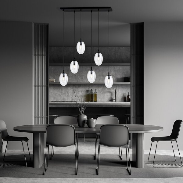 Sospensione Minimal 6 Luci Pendragon Acciaio Nero E Vetro Trasparente