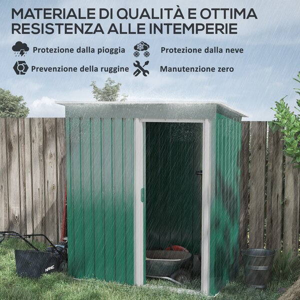 Outsunny Capanno Attrezzi con Tetto Inclinato e Porta Scorrevole, in Acciaio Zincato, 163x89x182 cm, Verde