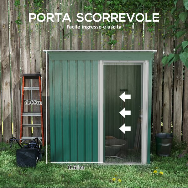 Outsunny Capanno Attrezzi con Tetto Inclinato e Porta Scorrevole, in Acciaio Zincato, 163x89x182 cm, Verde