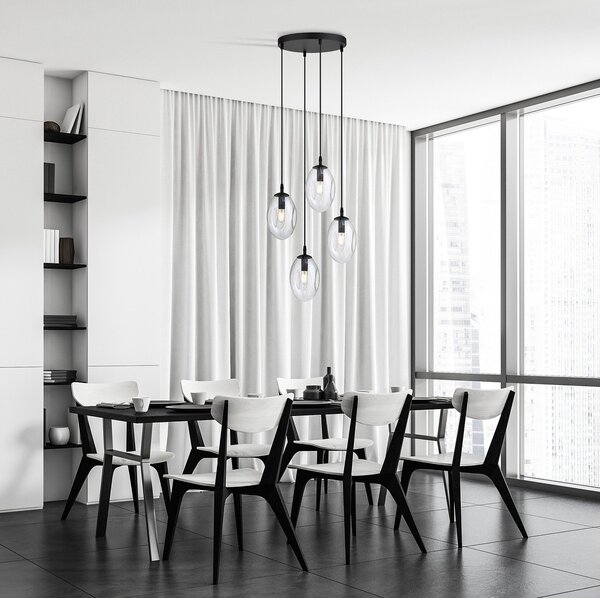 Sospensione Minimal 4 Luci Pendragon Acciaio Nero E Vetro Trasparente