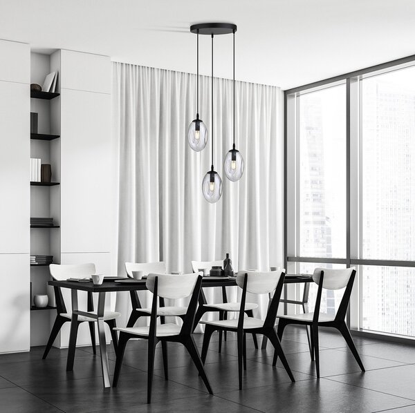 Sospensione Minimal 3 Luci Pendragon Acciaio Nero E Vetro Trasparente