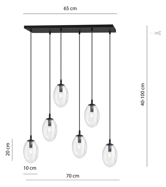 Sospensione Minimal 6 Luci Pendragon Acciaio Nero E Vetro Trasparente