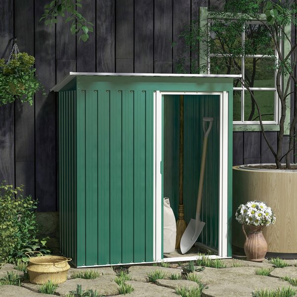 Outsunny Capanno Attrezzi con Tetto Inclinato e Porta Scorrevole, in Acciaio Zincato, 163x89x182 cm, Verde