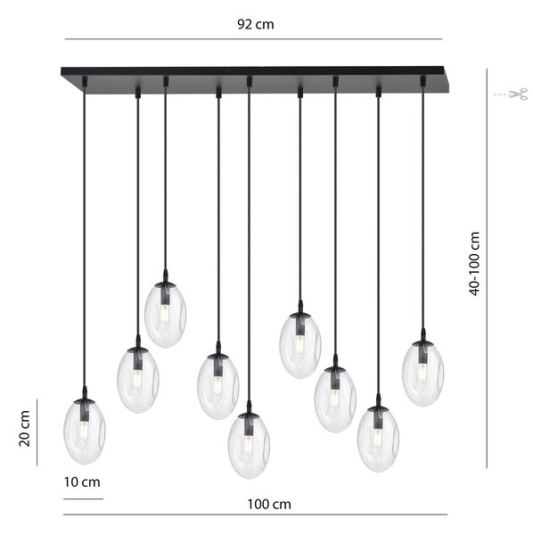 Sospensione Minimal 9 Luci Pendragon Acciaio Nero E Vetro Trasparente