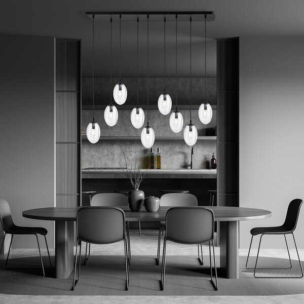 Sospensione Minimal 9 Luci Pendragon Acciaio Nero E Vetro Trasparente