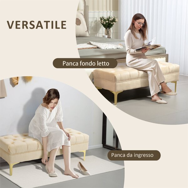 HOMCOM Panca Fondo Letto Imbottita con Rivestimento Trapuntato in Tessuto Effetto Velluto, 118x45x42 cm, Beige