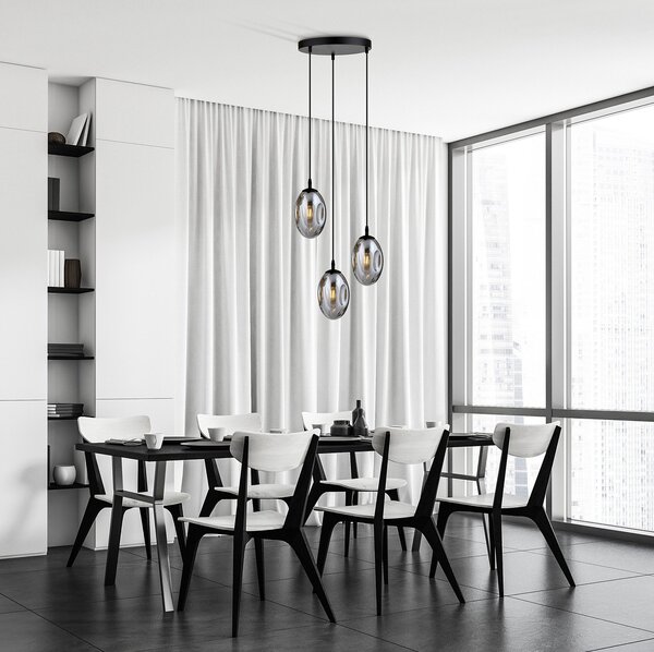 Sospensione Minimal 3 Luci Pendragon Acciaio Nero E Vetro Fumè