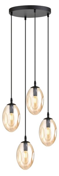 Sospensione Minimal 4 Luci Lancelot Acciaio Nero E Vetro Ambra