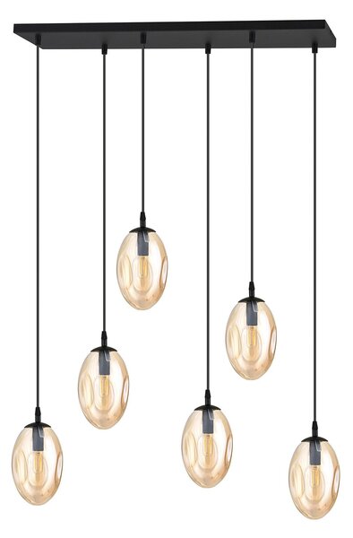 Sospensione Minimal 6 Luci Lancelot Acciaio Nero E Vetro Ambra