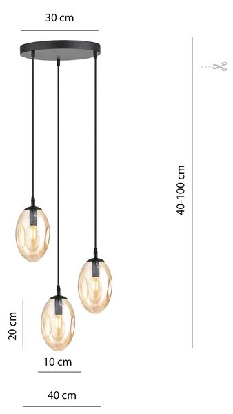 Sospensione Minimal 3 Luci Lancelot Acciaio Nero E Vetro Ambra