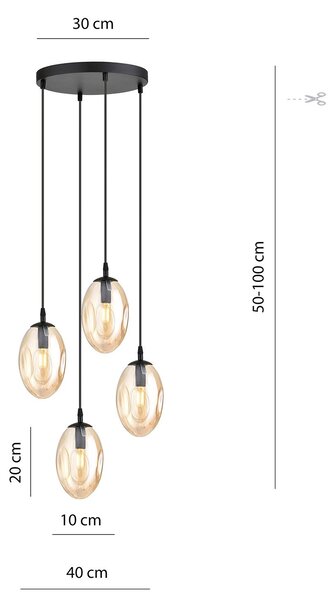 Sospensione Minimal 4 Luci Lancelot Acciaio Nero E Vetro Ambra