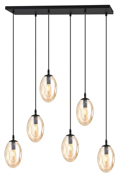 Sospensione Minimal 6 Luci Lancelot Acciaio Nero E Vetro Ambra