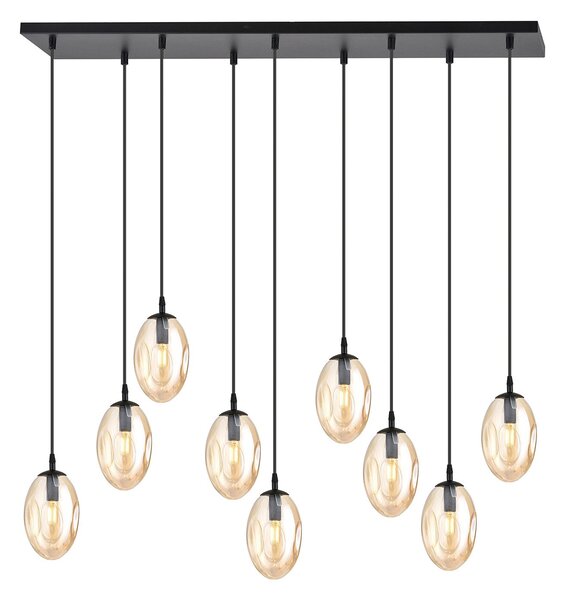 Sospensione Minimal 9 Luci Lancelot Acciaio Nero E Vetro Ambra