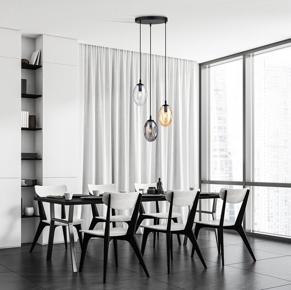 Sospensione Minimal 3 Luci Lancelot Acciaio Nero Vetro Ambra, Fumè Trasparente