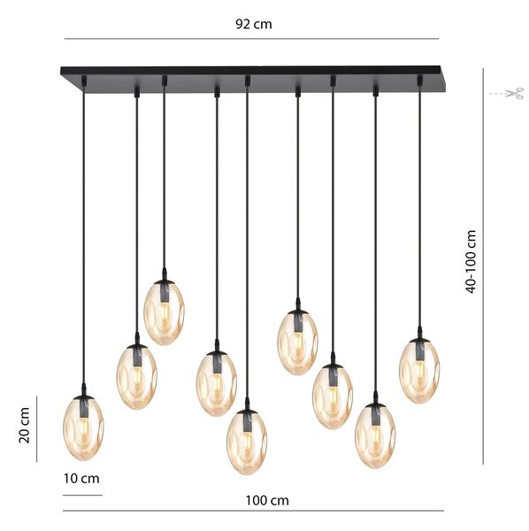 Sospensione Minimal 9 Luci Lancelot Acciaio Nero E Vetro Ambra