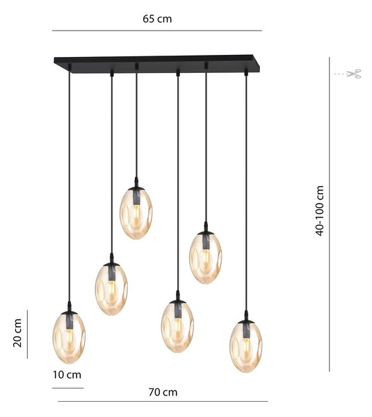 Sospensione Minimal 6 Luci Lancelot Acciaio Nero E Vetro Ambra
