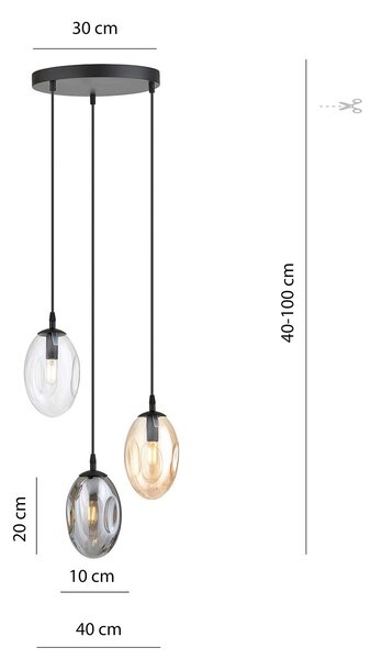 Sospensione Minimal 3 Luci Lancelot Acciaio Nero Vetro Ambra, Fumè Trasparente