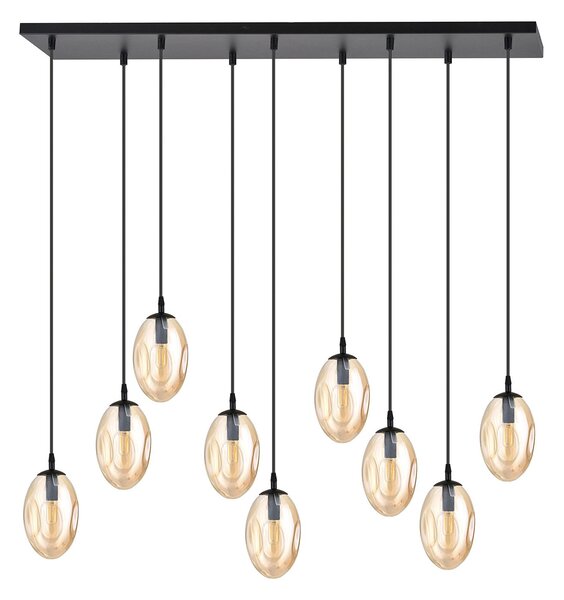 Sospensione Minimal 9 Luci Lancelot Acciaio Nero E Vetro Ambra