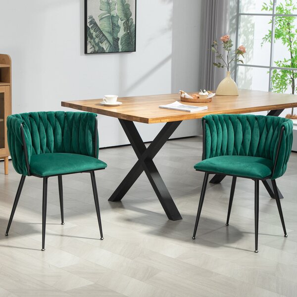 Set di 2 sedie da pranzo moderne e lussuose in velluto, design intrecciato, adatto a soggiorno e camera da letto, Smeraldo