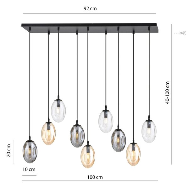 Sospensione Minimal 9 Luci Lancelot Acciaio Nero Vetro Ambra, Fumè Trasparente