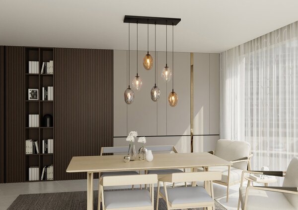 Sospensione Minimal 6 Luci Lancelot Acciaio Nero Vetro Ambra, Fumè Trasparente