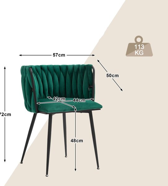 Set di 2 sedie da pranzo moderne e lussuose in velluto, design intrecciato, adatto a soggiorno e camera da letto, Smeraldo