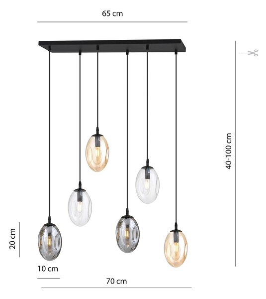 Sospensione Minimal 6 Luci Lancelot Acciaio Nero Vetro Ambra, Fumè Trasparente