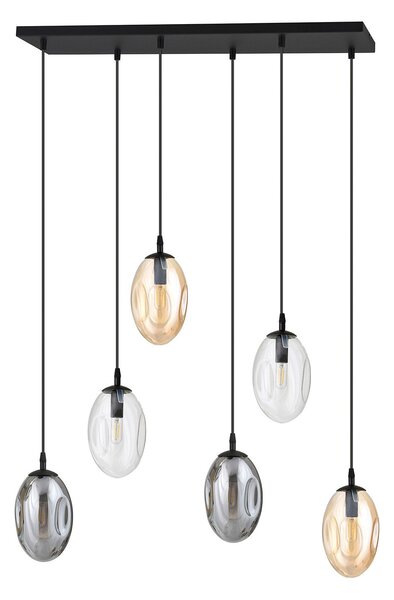 Sospensione Minimal 6 Luci Lancelot Acciaio Nero Vetro Ambra, Fumè Trasparente