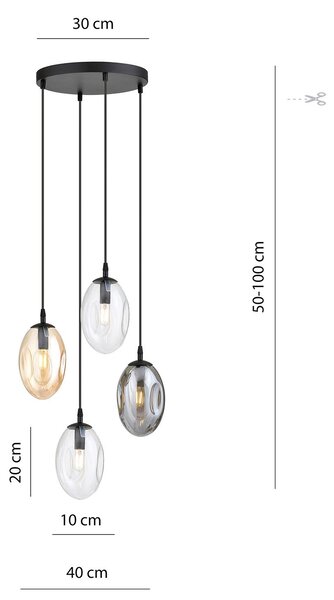 Sospensione Minimal 4 Luci Lancelot Acciaio Nero Vetro Ambra, Fumè Trasparente