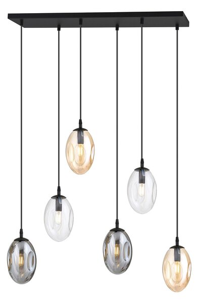 Sospensione Minimal 6 Luci Lancelot Acciaio Nero Vetro Ambra, Fumè Trasparente
