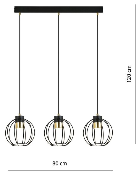 Sospensione Minimal Lothbrok 3 Luci Acciaio Nero A Paralumi Gabbia Con Oro