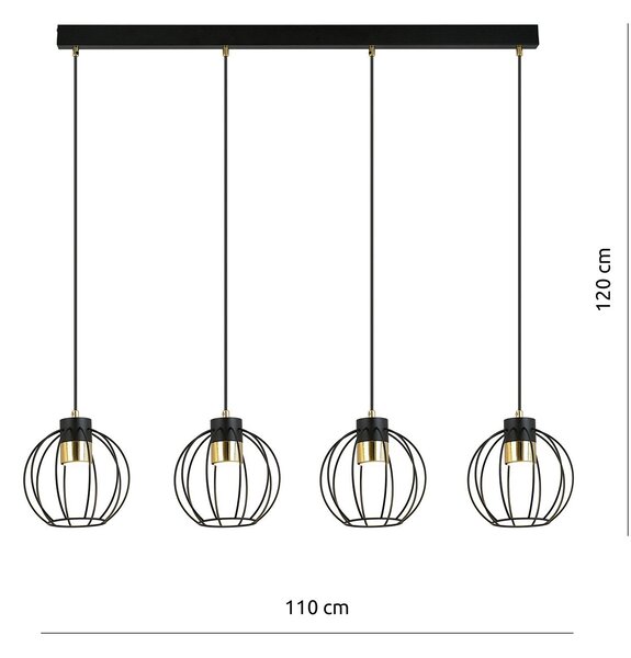 Sospensione Minimal Lothbrok 4 Luci Acciaio Nero A Paralumi Gabbia Con Oro