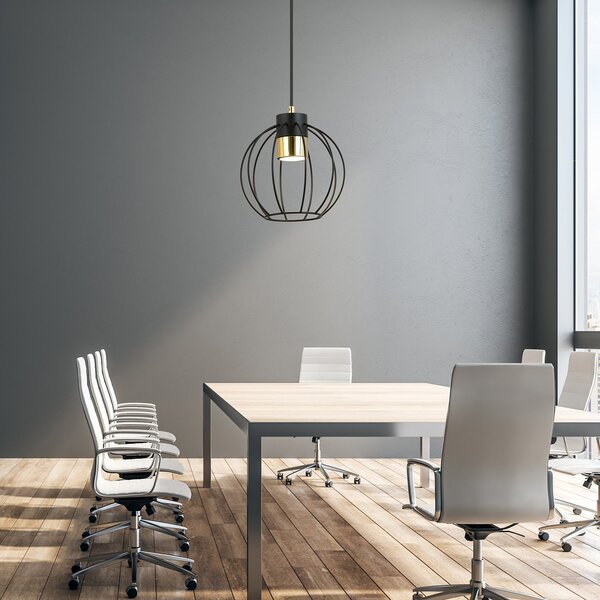 Sospensione Minimal Lothbrok 1 Luce In Acciaio Nero A Gabbia Con Oro