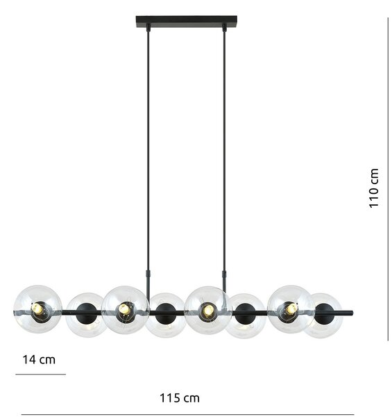 Sospensione Moderna Moliere 8 Luci Acciaio Nero Sfere In Vetro Trasparente