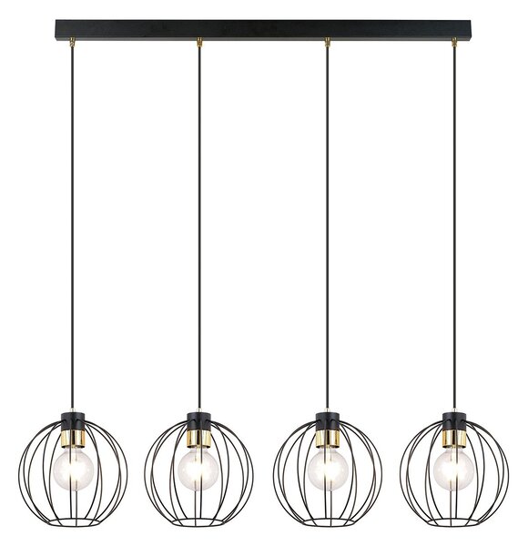 Sospensione Industrial 4 Luci Tiwaz Acciaio Nero A Paralumi Gabbia Con Oro