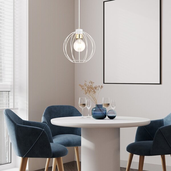Sospensione Industriale 1 Luce Tiwaz In Acciao Bianco A Gabbia Con Oro