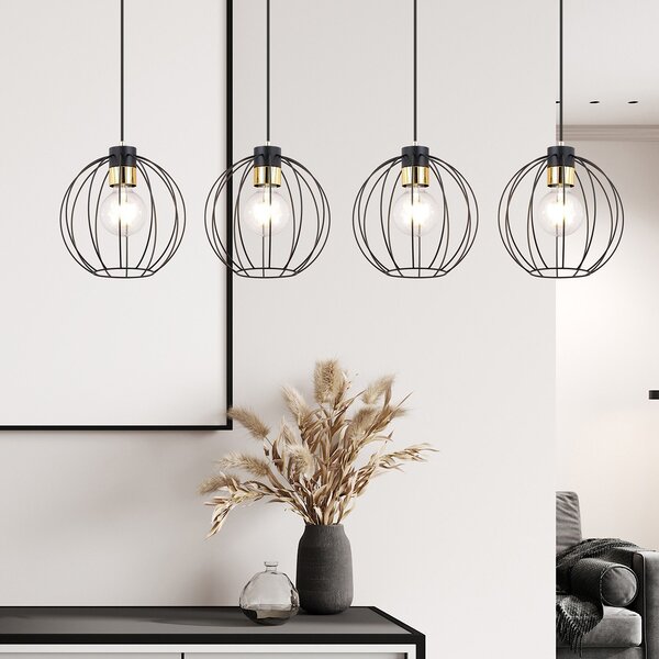 Sospensione Industrial 4 Luci Tiwaz Acciaio Nero A Paralumi Gabbia Con Oro