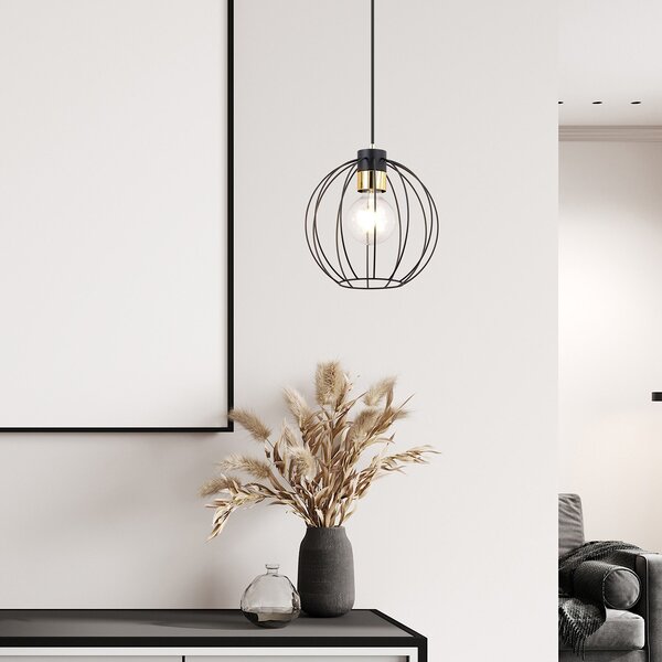 Sospensione Industriale 1 Luce Tiwaz In Acciao Nero A Gabbia Con Oro