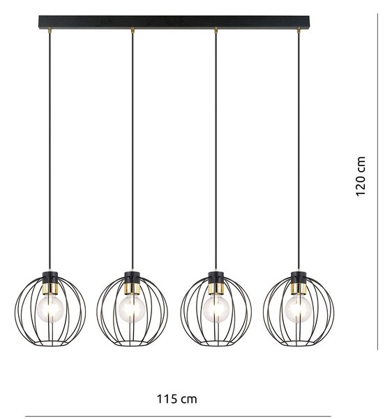 Sospensione Industrial 4 Luci Tiwaz Acciaio Nero A Paralumi Gabbia Con Oro