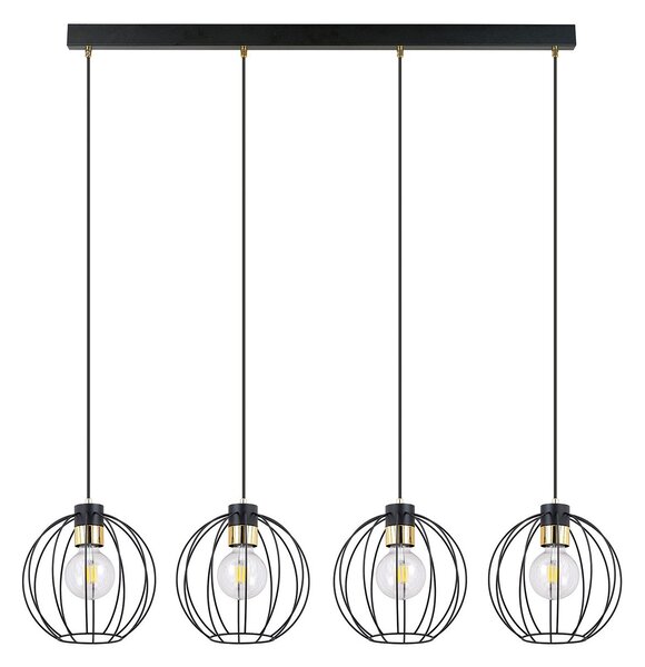 Sospensione Industrial 4 Luci Tiwaz Acciaio Nero A Paralumi Gabbia Con Oro