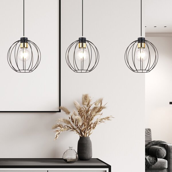 Sospensione Industrial 3 Luci Tiwaz Acciaio Nero A Paralumi Gabbia Con Oro
