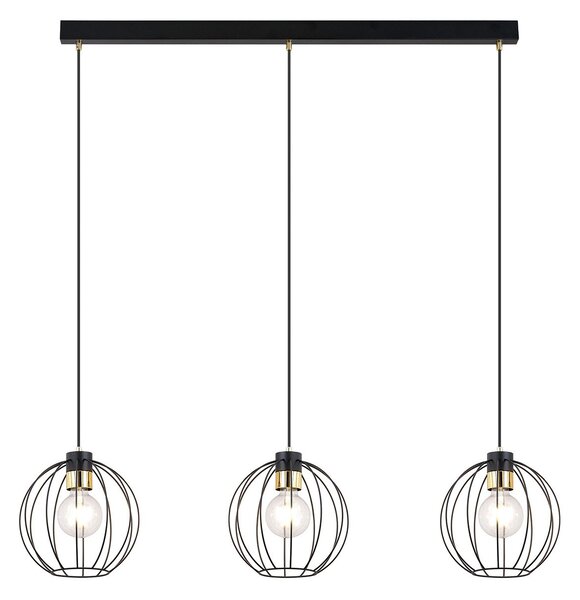 Sospensione Industrial 3 Luci Tiwaz Acciaio Nero A Paralumi Gabbia Con Oro