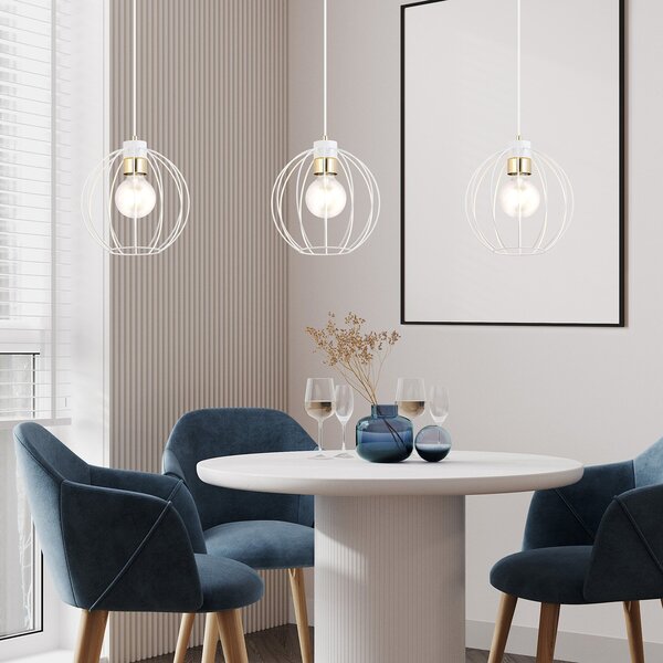 Sospensione Industrial 3 Luci Tiwaz Acciaio Bianco A Paralumi Gabbia Con Oro