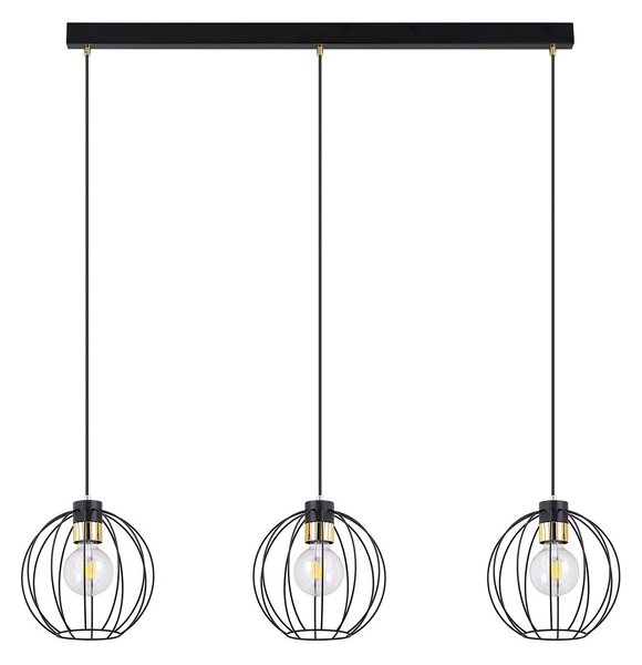 Sospensione Industrial 3 Luci Tiwaz Acciaio Nero A Paralumi Gabbia Con Oro