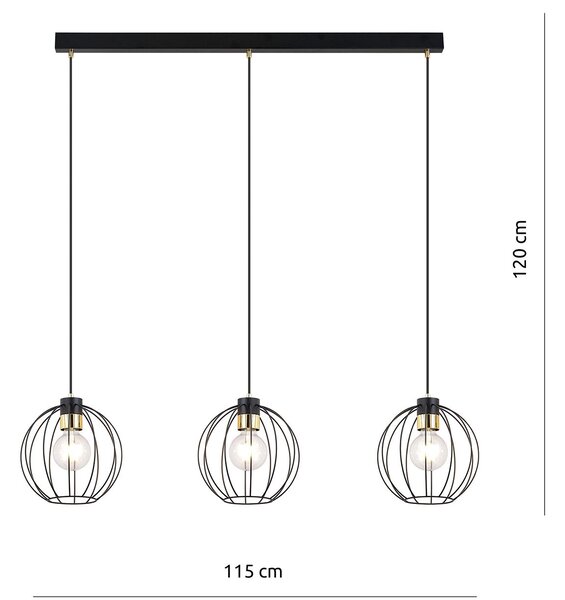 Sospensione Industrial 3 Luci Tiwaz Acciaio Nero A Paralumi Gabbia Con Oro