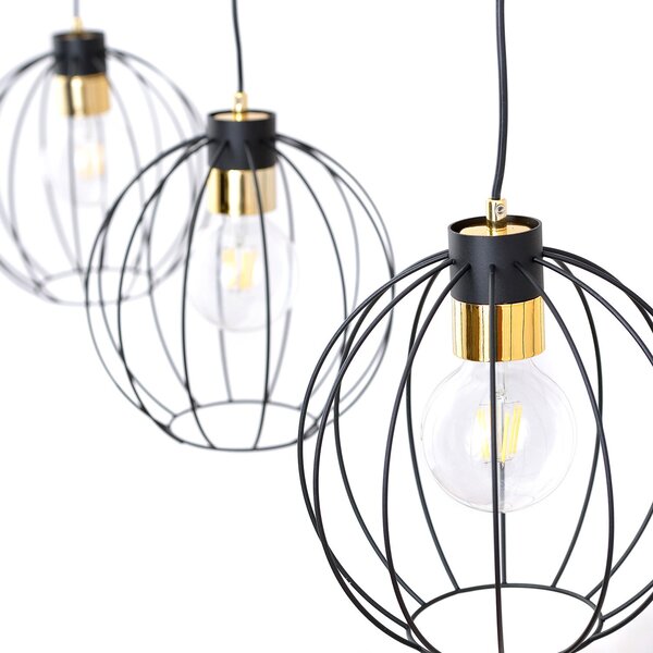 Sospensione Industrial 3 Luci Tiwaz Acciaio Nero A Paralumi Gabbia Con Oro