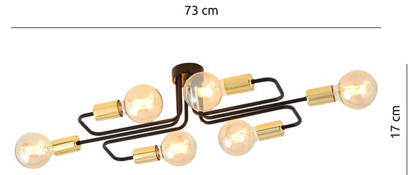 Plafoniera Industriale 6 Luci Tidide In Acciao Nero E Rame A Bracci