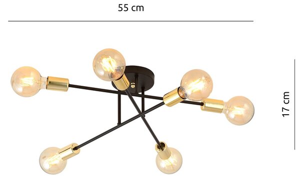 Plafoniera Industriale 6 Luci Tidide In Acciao Nero E Rame Bracci Dritti