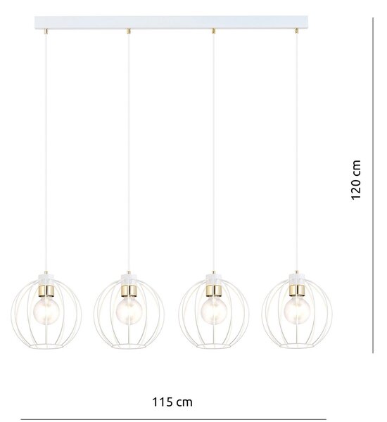 Sospensione Industrial 4 Luci Tiwaz Acciaio Bianco A Paralumi Gabbia Con Oro